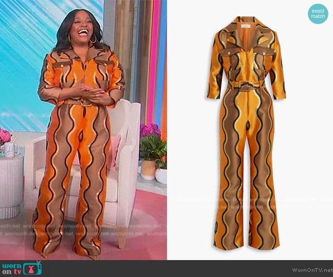 Lisou Jade belted metallic jacquard wide-leg jumpsuit worn by Sherri Shepherd on Sherri