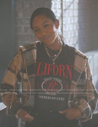 Mabel's black embroidered tee on Good Trouble