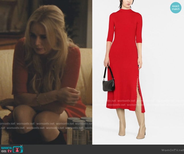 Maje Rullya lace-up ribbed stretch-knit midi dress worn by Willa Ferreyra (Justine Lupe) on Succession