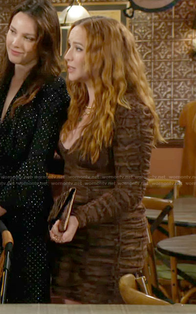 Mariah's brown ruched snake print dress on The Young and the Restless