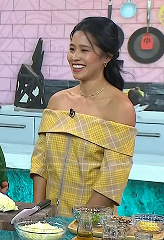 Marian Cheng's yellow plaid off-shoulder top on Today