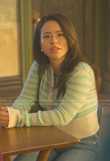 Mariana's green and beige striped cardigan on Good Trouble