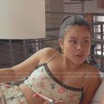 Mariana’s white floral satin top and shorts on Good Trouble