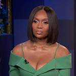 Marlo Hampton’s green off-shoulder blazer dress on E! News