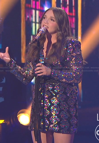 Megan Danielle's sequin floral mini dress on American Idol