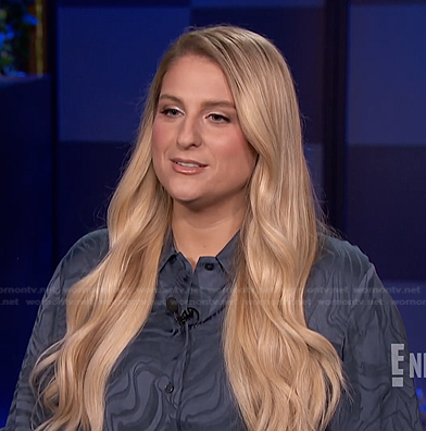 Meghan Trainor's blue marble button down blouse on E! News