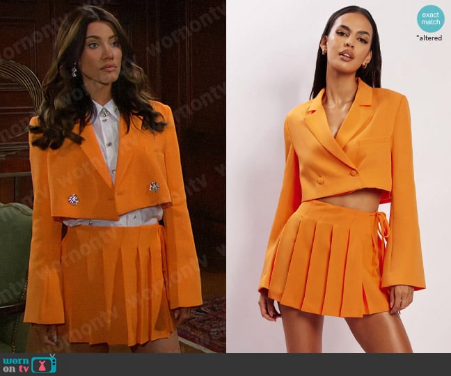 Meshki Luella Blazer and Halle Skirt in Tangerine worn by Steffy Forrester (Jacqueline MacInnes Wood) on The Bold and the Beautiful