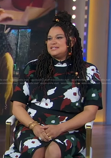 Michelle Buteau's black floral top and skirt on Good Morning America