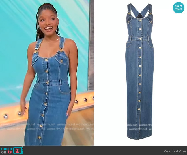 Moschino Teddy Buttons Denim Dungarees Dress worn by Halle Bailey on Sherri