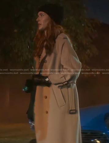 Nancy’s beige trench coat on Nancy Drew