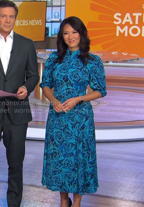 Nancy Chen’s blue rose print dress on CBS Mornings