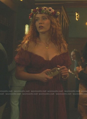 Nancy's red lace off-shoulder dress on Nancy Drew