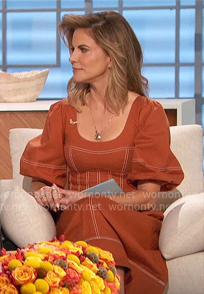 Natalie’s orange contrast stitch dress on The Talk