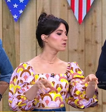 Natasha Feldman’s pink printed puff sleeve top on Good Morning America