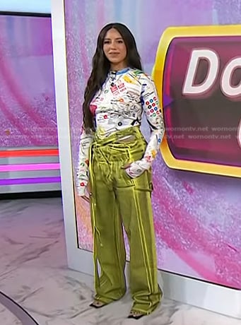 Naz Perez's printed long sleeve top and yellow jeans on Today