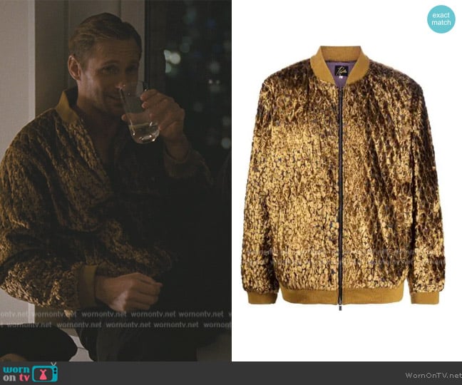 Needles Metallic Velvet Bomber Jacket worn by Alexander Skarsgård (Alexander Skarsgård) on Succession