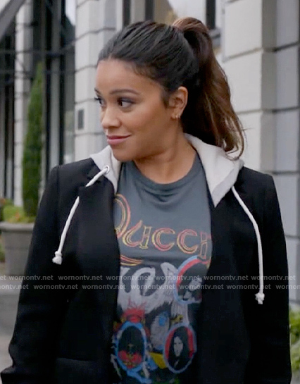 Nell's Queen graphic tee and hoodie blazer on Not Dead Yet