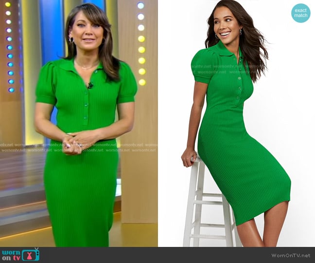 New York & Company Puff-Sleeve Polo Midi Sweater Dress worn by Ginger Zee on Good Morning America