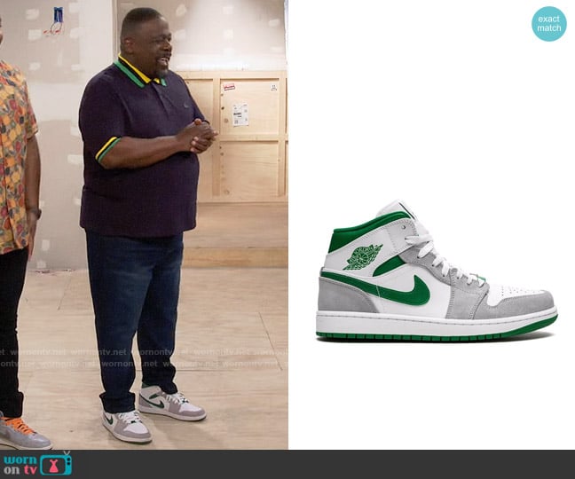 Nike Air Jordan 1 Mid Sneaker in Grey / Pine Green / White worn by Calvin (Cedric The Entertainer) on The Neighborhood