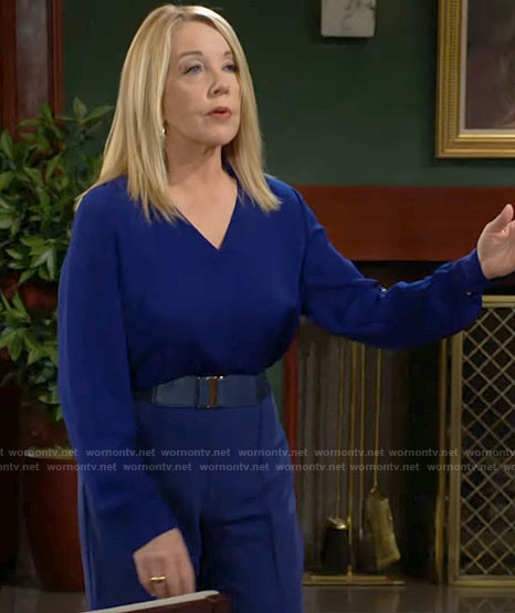 Nikki's blue v-neck blouse and trousers on The Young and the Restless