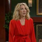 Nikki’s red long sleeved v-neck jumpsuit on The Young and the Restless