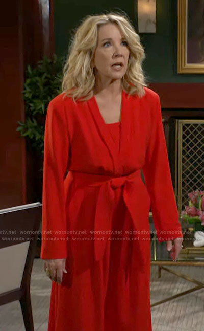 Nikki's red long sleeved v-neck jumpsuit on The Young and the Restless