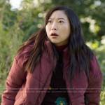 Nora’s burgundy puffer jacket with corduroy patches on Awkwafina is Nora From Queens