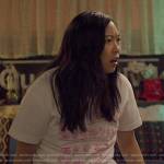 Nora’s pot plant t-shirt and purple tie dye sweatpants on Awkwafina is Nora From Queens