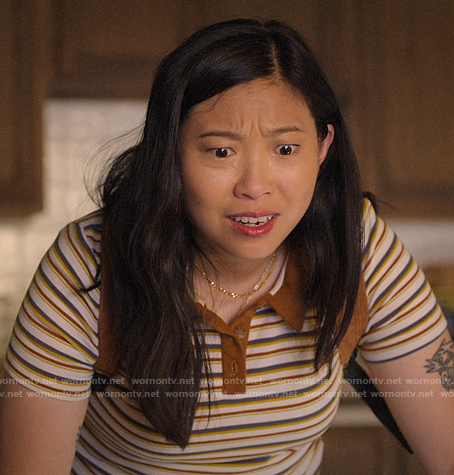 Nora's striped polo top on Awkwafina is Nora From Queens
