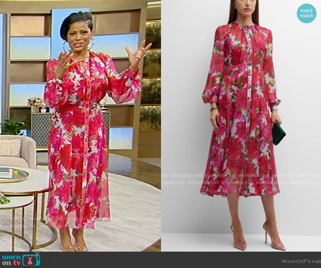 Oscar de la Renta Dahlia Silk Chiffon Midi Dress worn by Tamron Hall on Tamron Hall Show