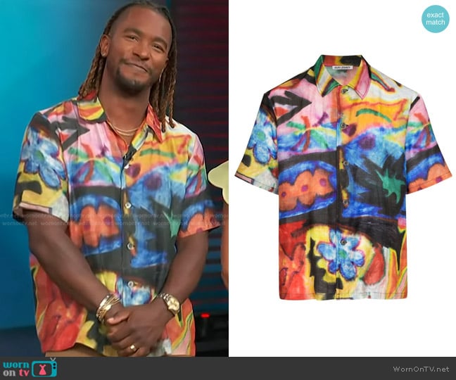 Our Legacy Landscape Daylight Print Camp Shirt worn by Scott Evans on Access Hollywood