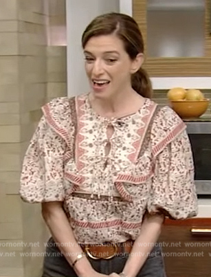 Pati Jinich's printed short sleeve ruffle top on Live with Kelly and Mark