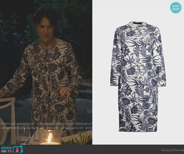 Caroline’s blue floral print dress on Succession