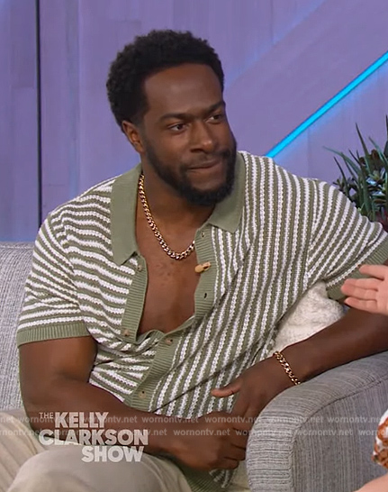 Quentin Plair's green stripe knit button down shirt on The Kelly Clarkson Show
