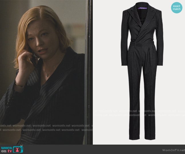 Ralph Lauren Anders Pinstripe Wool Twill Jumpsuit worn by Shiv Roy (Sarah Snook) on Succession