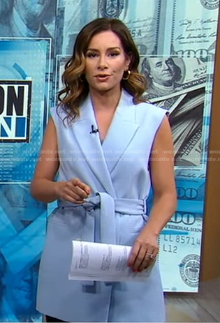 Rebecca’s blue tie waist vest on Good Morning America