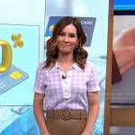 Rebecca’s lilac gingham polo top and beige skirt on Good Morning America