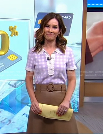 Rebecca’s lilac gingham polo top and beige skirt on Good Morning America