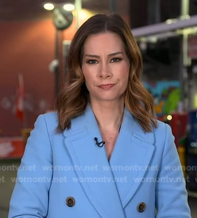 Rebecca's blue double breasted coat on Good Morning America
