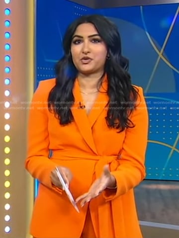 Reena's orange wrap blazer and pants on Good Morning America