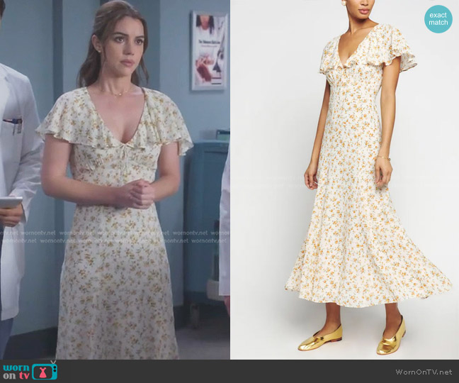 Jules’s white floral ruffle dress on Greys Anatomy