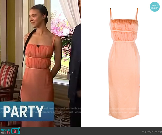 Rejina Pyo Nym silk-chiffon midi dress worn by India Ria Amarteifio on Access Hollywood