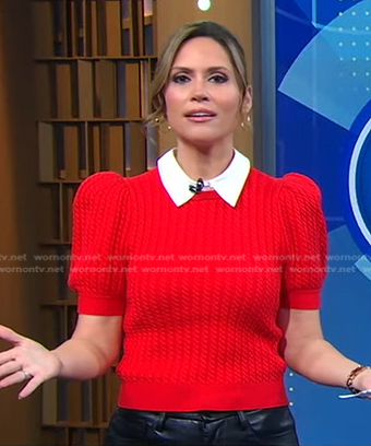 Rhiannon's red puff sleeve sweater and black pants on Good Morning America
