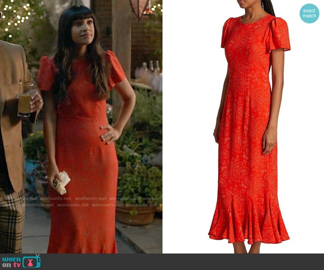 Rhode Lulani Dress in Autumn Fern Bramble Berry worn by Sam (Hannah Simone) on Not Dead Yet