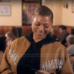 Robyn’s chain fringe leather bomber jacket on The Equalizer