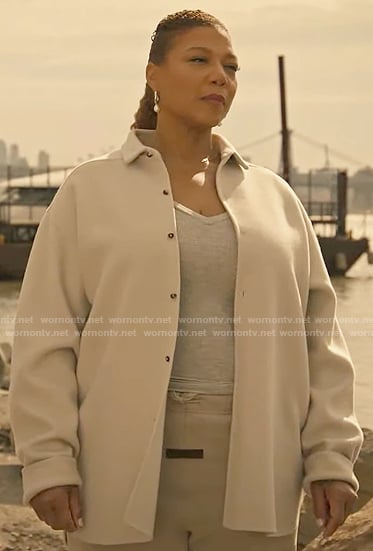 Robyn's shirt jacket, sweatpants, and pearl hoop earrings on The Equalizer