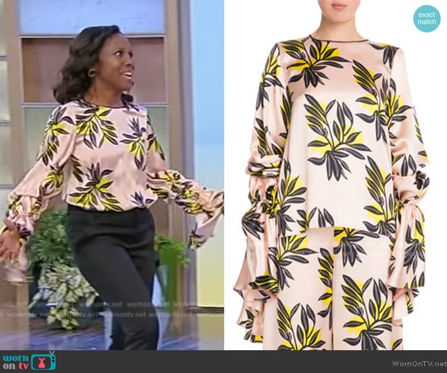 Roksanda Poet-Sleeve Round-Neck Floral-Print Silk Blouse worn by Deborah Roberts on Tamron Hall Show