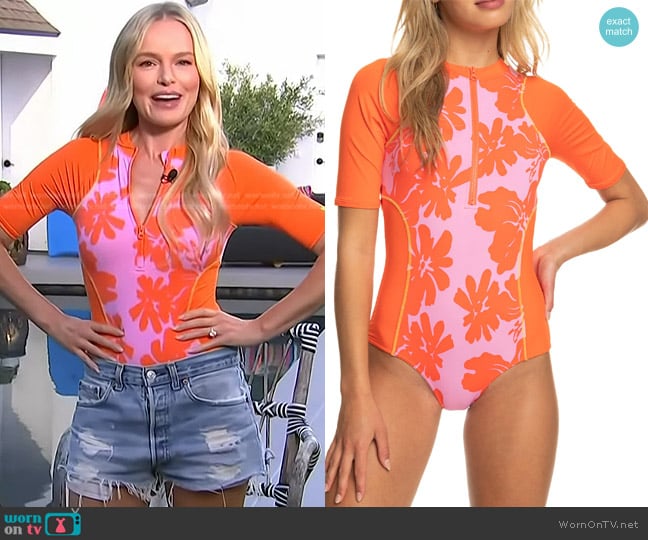 Roxy x Kate Bosworth Short Sleeve Rashguard One-Piece Swimsuit worn by Kate Bosworth on Access Hollywood