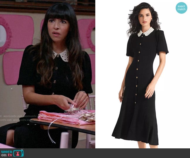 Sandro Villa Crochet Collar Midi Dress worn by Sam (Hannah Simone) on Not Dead Yet