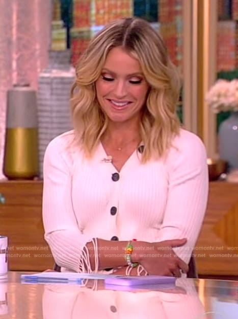 Sara Haines’ white ribbed button down dress on The View